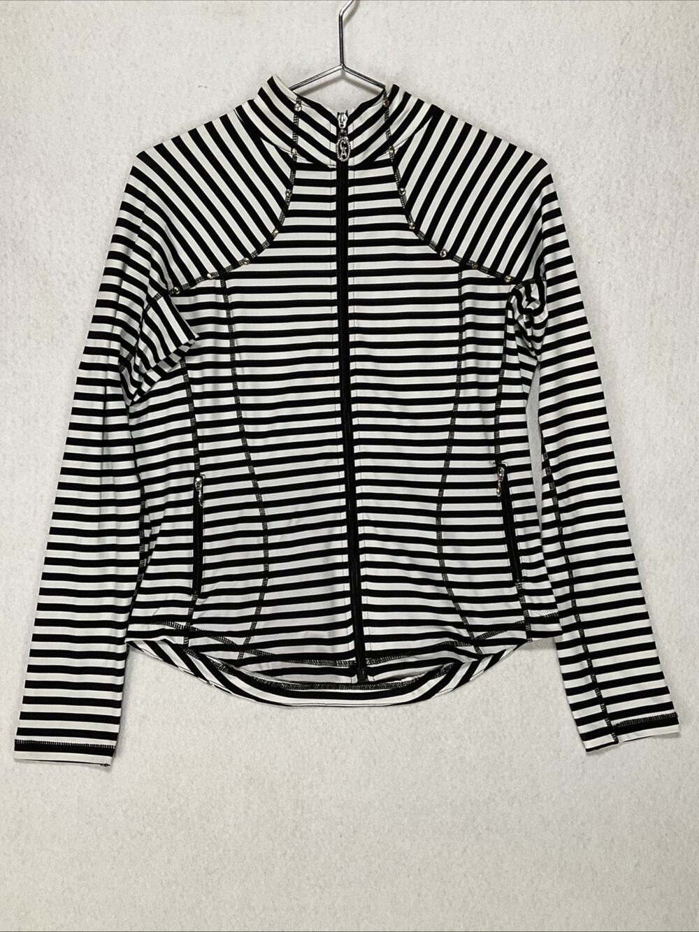 Christine Alexander White+Black Stripe Active Full Zip Stretch Top Bling Sz L